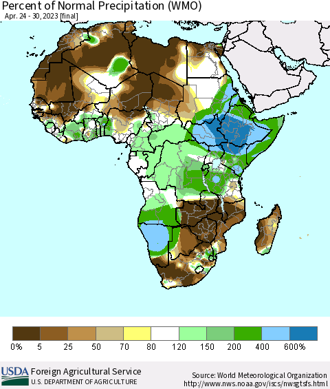 Africa Percent of Normal Precipitation (WMO) Thematic Map For 4/24/2023 - 4/30/2023