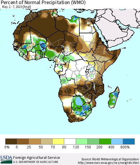 Africa Percent of Normal Precipitation (WMO) Thematic Map For 5/1/2023 - 5/7/2023