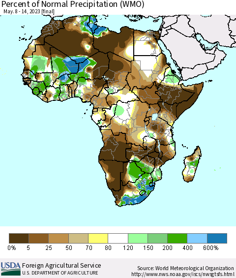 Africa Percent of Normal Precipitation (WMO) Thematic Map For 5/8/2023 - 5/14/2023