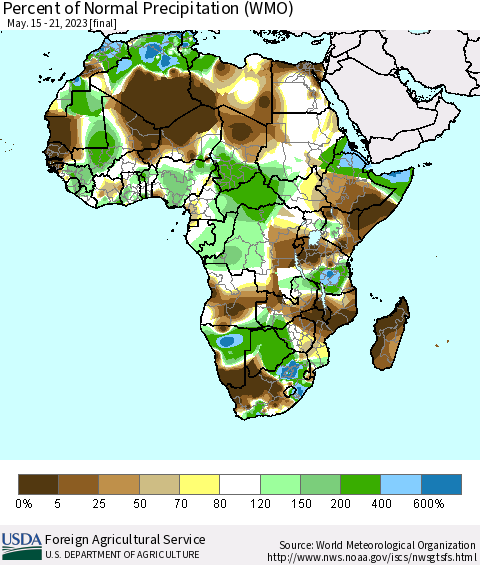 Africa Percent of Normal Precipitation (WMO) Thematic Map For 5/15/2023 - 5/21/2023