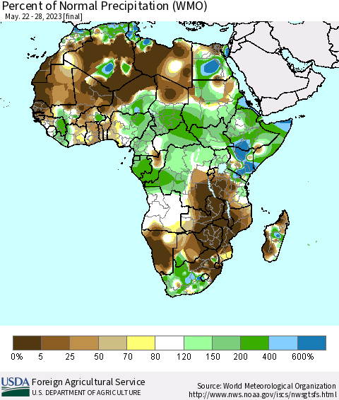 Africa Percent of Normal Precipitation (WMO) Thematic Map For 5/22/2023 - 5/28/2023