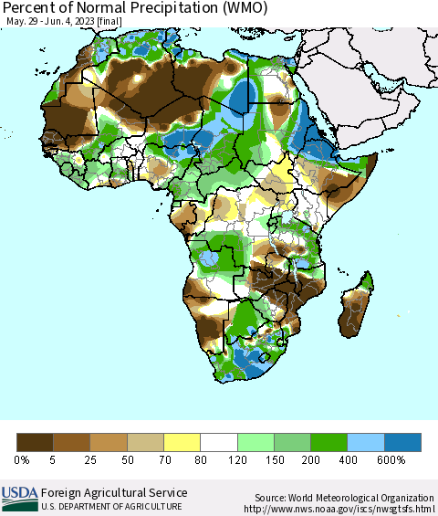 Africa Percent of Normal Precipitation (WMO) Thematic Map For 5/29/2023 - 6/4/2023
