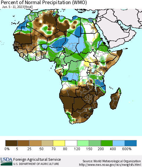 Africa Percent of Normal Precipitation (WMO) Thematic Map For 6/5/2023 - 6/11/2023