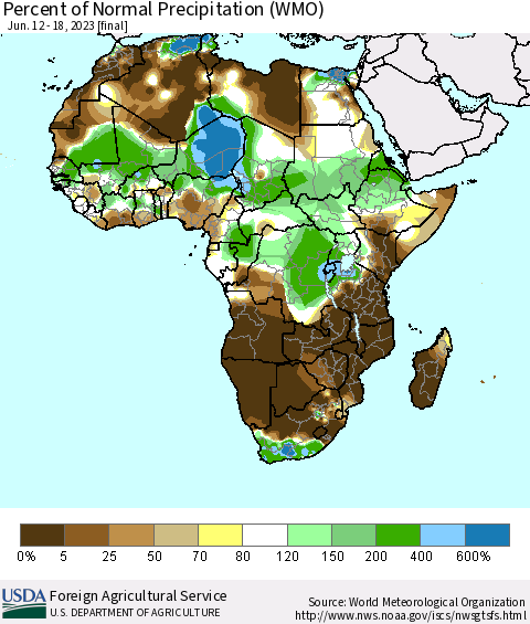 Africa Percent of Normal Precipitation (WMO) Thematic Map For 6/12/2023 - 6/18/2023