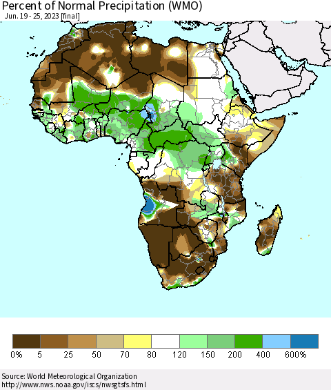 Africa Percent of Normal Precipitation (WMO) Thematic Map For 6/19/2023 - 6/25/2023