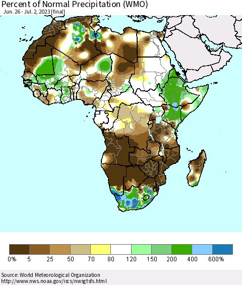 Africa Percent of Normal Precipitation (WMO) Thematic Map For 6/26/2023 - 7/2/2023