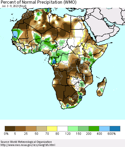 Africa Percent of Normal Precipitation (WMO) Thematic Map For 7/3/2023 - 7/9/2023