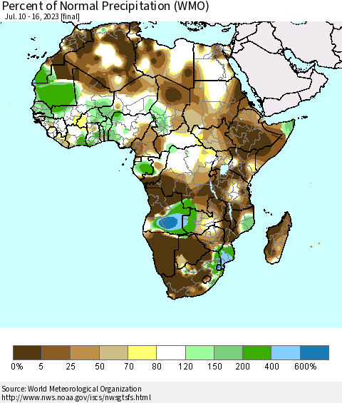 Africa Percent of Normal Precipitation (WMO) Thematic Map For 7/10/2023 - 7/16/2023