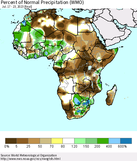 Africa Percent of Normal Precipitation (WMO) Thematic Map For 7/17/2023 - 7/23/2023