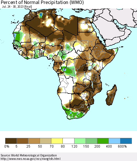 Africa Percent of Normal Precipitation (WMO) Thematic Map For 7/24/2023 - 7/30/2023