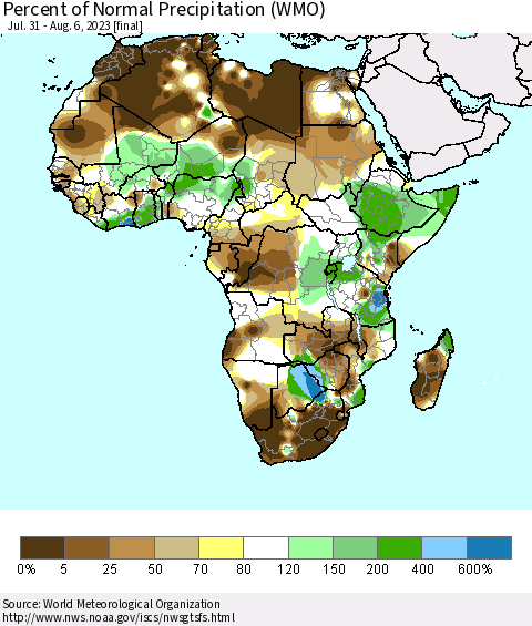 Africa Percent of Normal Precipitation (WMO) Thematic Map For 7/31/2023 - 8/6/2023