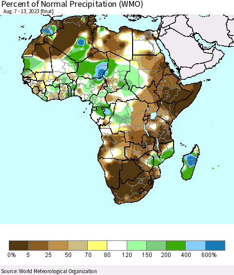 Africa Percent of Normal Precipitation (WMO) Thematic Map For 8/7/2023 - 8/13/2023