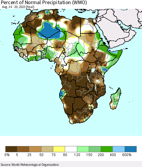 Africa Percent of Normal Precipitation (WMO) Thematic Map For 8/14/2023 - 8/20/2023