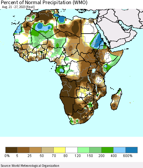 Africa Percent of Normal Precipitation (WMO) Thematic Map For 8/21/2023 - 8/27/2023
