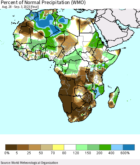 Africa Percent of Normal Precipitation (WMO) Thematic Map For 8/28/2023 - 9/3/2023
