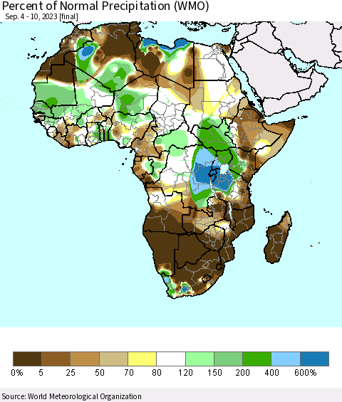 Africa Percent of Normal Precipitation (WMO) Thematic Map For 9/4/2023 - 9/10/2023