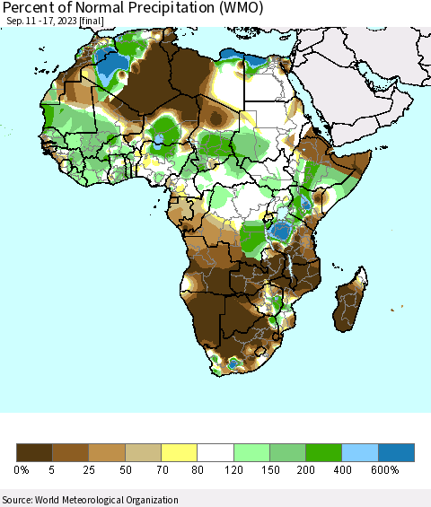 Africa Percent of Normal Precipitation (WMO) Thematic Map For 9/11/2023 - 9/17/2023
