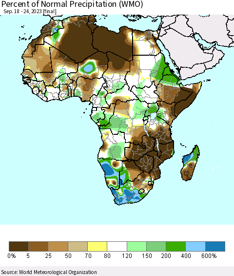Africa Percent of Normal Precipitation (WMO) Thematic Map For 9/18/2023 - 9/24/2023