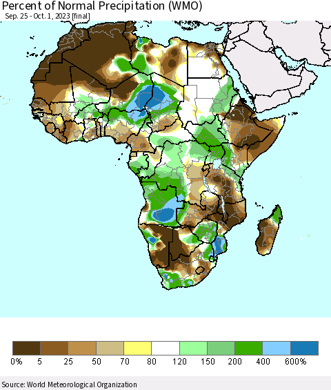 Africa Percent of Normal Precipitation (WMO) Thematic Map For 9/25/2023 - 10/1/2023