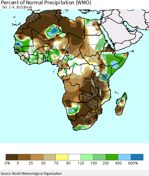 Africa Percent of Normal Precipitation (WMO) Thematic Map For 10/2/2023 - 10/8/2023