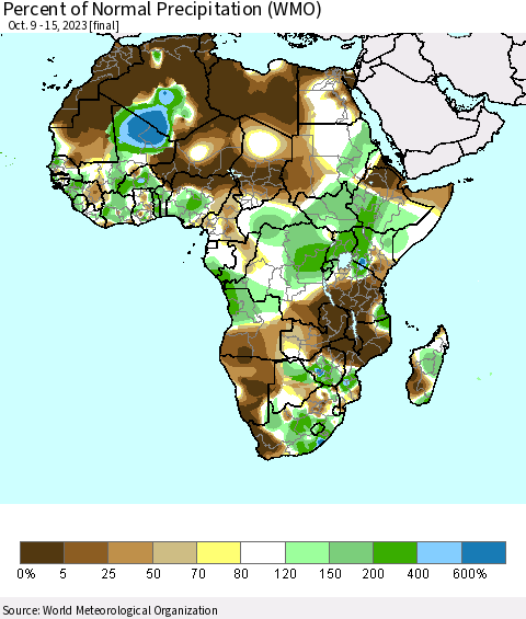 Africa Percent of Normal Precipitation (WMO) Thematic Map For 10/9/2023 - 10/15/2023