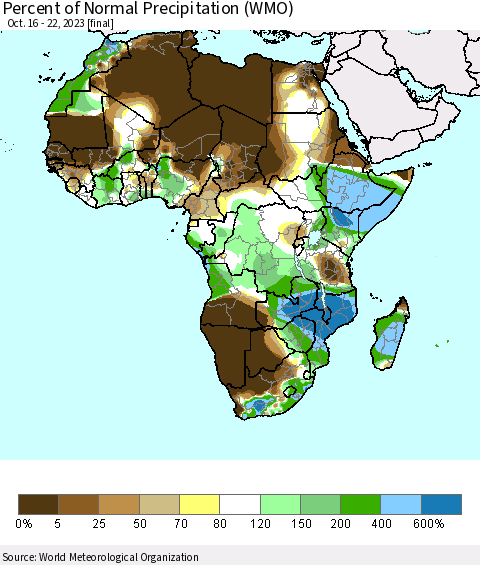 Africa Percent of Normal Precipitation (WMO) Thematic Map For 10/16/2023 - 10/22/2023