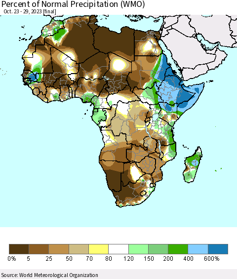 Africa Percent of Normal Precipitation (WMO) Thematic Map For 10/23/2023 - 10/29/2023