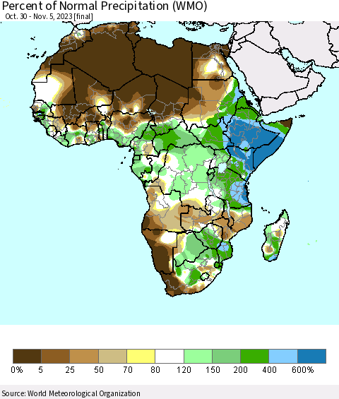 Africa Percent of Normal Precipitation (WMO) Thematic Map For 10/30/2023 - 11/5/2023