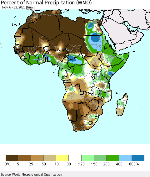 Africa Percent of Normal Precipitation (WMO) Thematic Map For 11/6/2023 - 11/12/2023