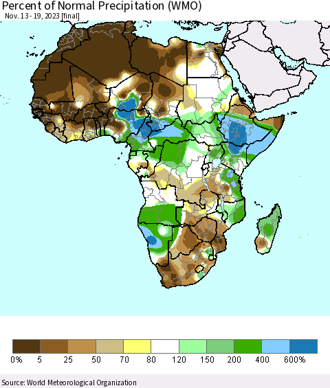 Africa Percent of Normal Precipitation (WMO) Thematic Map For 11/13/2023 - 11/19/2023
