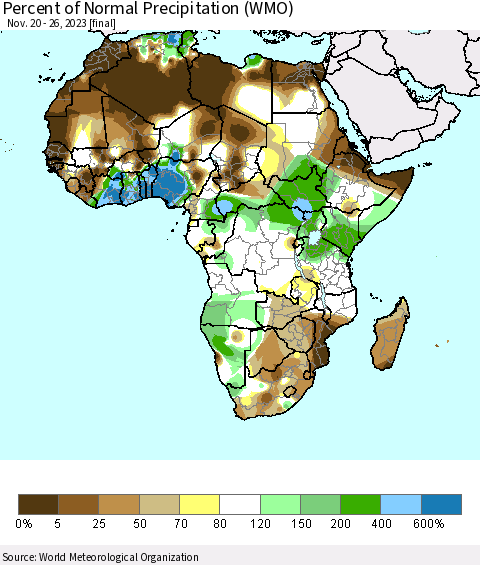 Africa Percent of Normal Precipitation (WMO) Thematic Map For 11/20/2023 - 11/26/2023
