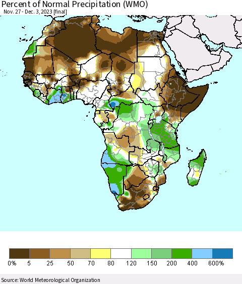 Africa Percent of Normal Precipitation (WMO) Thematic Map For 11/27/2023 - 12/3/2023