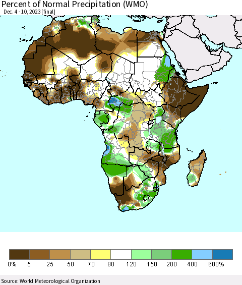 Africa Percent of Normal Precipitation (WMO) Thematic Map For 12/4/2023 - 12/10/2023