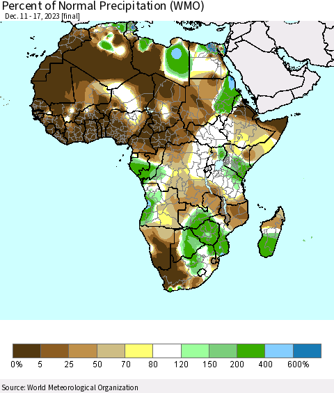 Africa Percent of Normal Precipitation (WMO) Thematic Map For 12/11/2023 - 12/17/2023