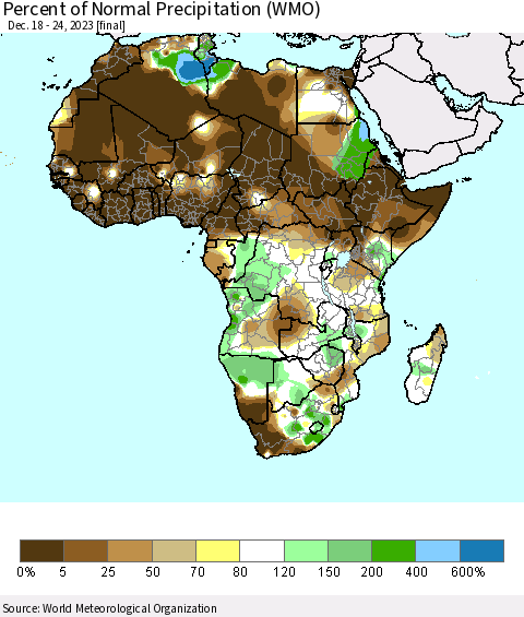Africa Percent of Normal Precipitation (WMO) Thematic Map For 12/18/2023 - 12/24/2023