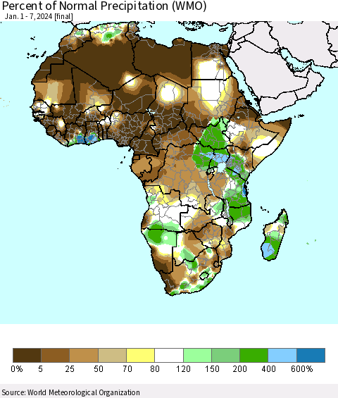 Africa Percent of Normal Precipitation (WMO) Thematic Map For 1/1/2024 - 1/7/2024