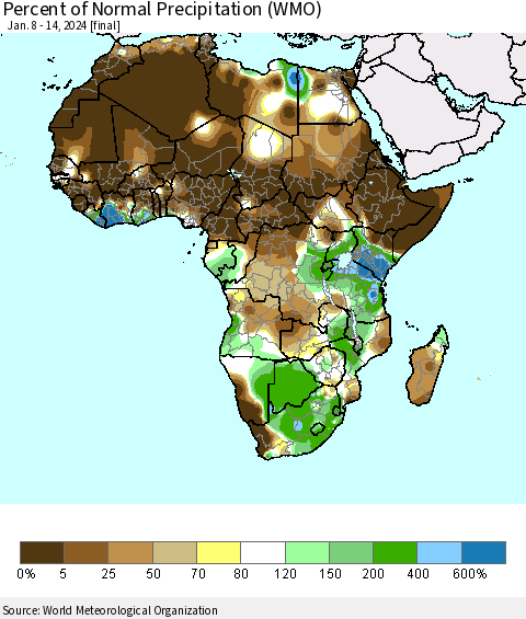Africa Percent of Normal Precipitation (WMO) Thematic Map For 1/8/2024 - 1/14/2024