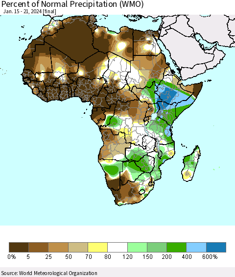 Africa Percent of Normal Precipitation (WMO) Thematic Map For 1/15/2024 - 1/21/2024