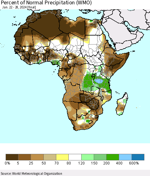 Africa Percent of Normal Precipitation (WMO) Thematic Map For 1/22/2024 - 1/28/2024