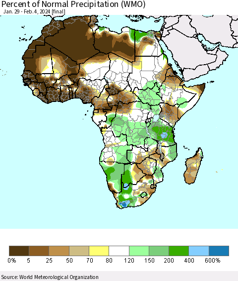 Africa Percent of Normal Precipitation (WMO) Thematic Map For 1/29/2024 - 2/4/2024