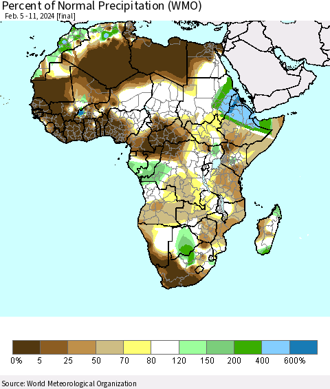 Africa Percent of Normal Precipitation (WMO) Thematic Map For 2/5/2024 - 2/11/2024