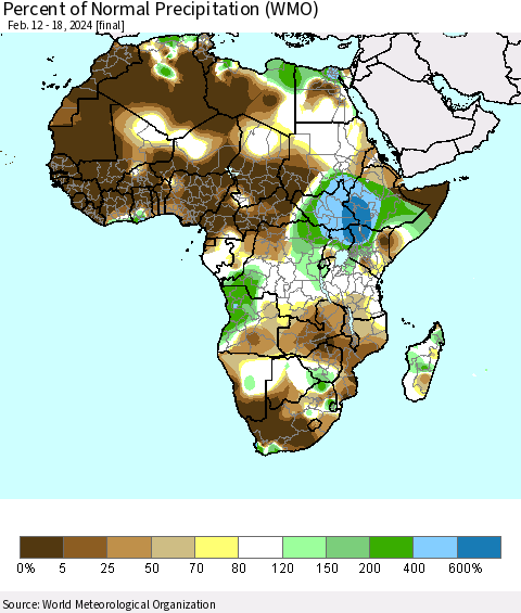Africa Percent of Normal Precipitation (WMO) Thematic Map For 2/12/2024 - 2/18/2024