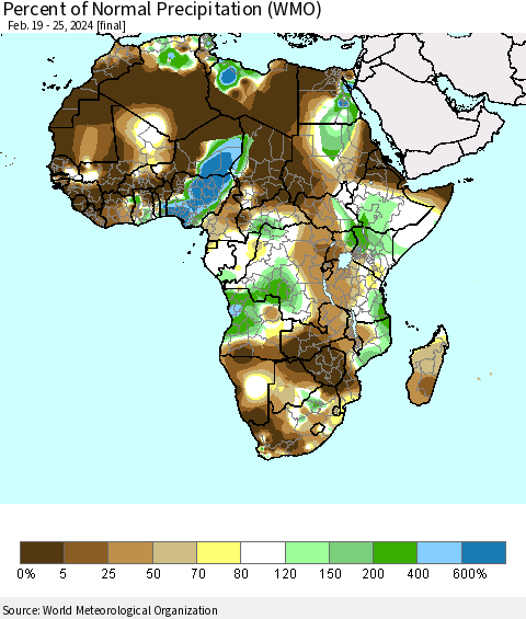 Africa Percent of Normal Precipitation (WMO) Thematic Map For 2/19/2024 - 2/25/2024