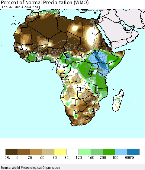 Africa Percent of Normal Precipitation (WMO) Thematic Map For 2/26/2024 - 3/3/2024
