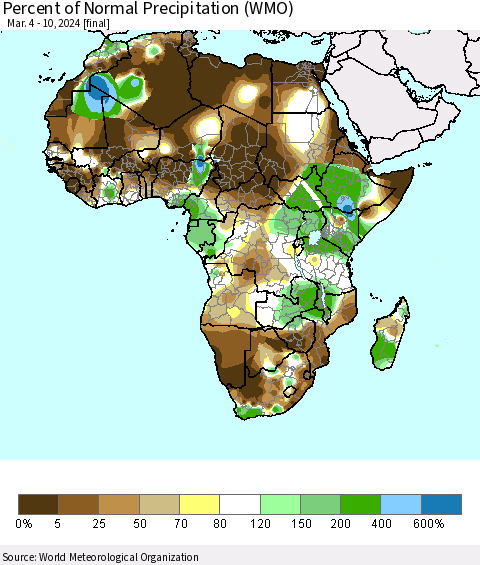 Africa Percent of Normal Precipitation (WMO) Thematic Map For 3/4/2024 - 3/10/2024