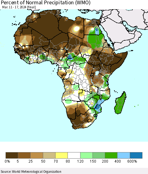 Africa Percent of Normal Precipitation (WMO) Thematic Map For 3/11/2024 - 3/17/2024