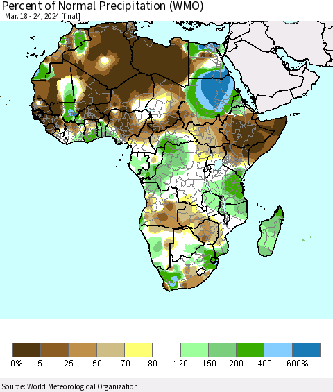 Africa Percent of Normal Precipitation (WMO) Thematic Map For 3/18/2024 - 3/24/2024
