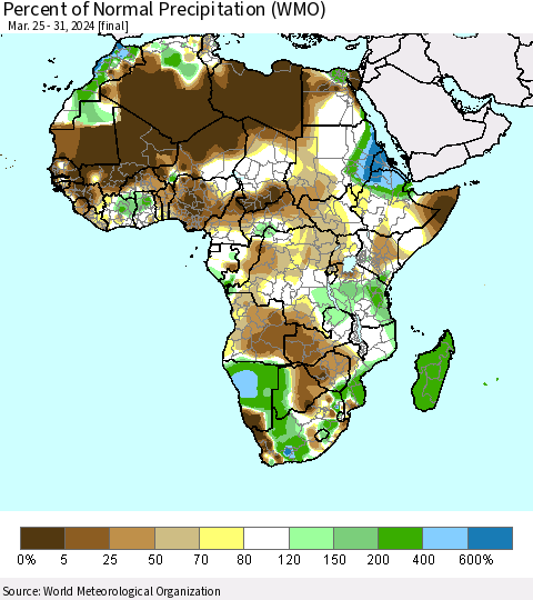 Africa Percent of Normal Precipitation (WMO) Thematic Map For 3/25/2024 - 3/31/2024