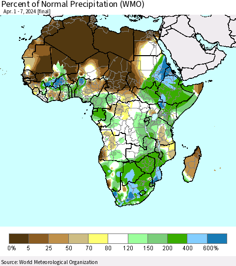 Africa Percent of Normal Precipitation (WMO) Thematic Map For 4/1/2024 - 4/7/2024
