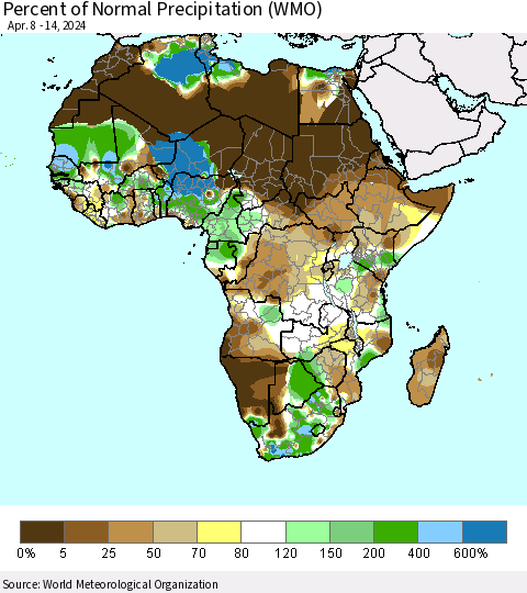 Africa Percent of Normal Precipitation (WMO) Thematic Map For 4/8/2024 - 4/14/2024